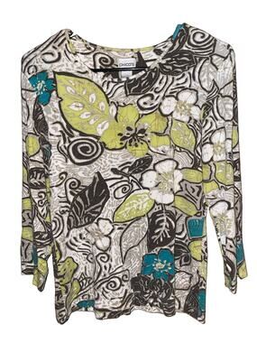 Vintage Chico’s 3/4 Sleeve Floral Design Blouse Green Brown Stretch Sz 0 (XS)